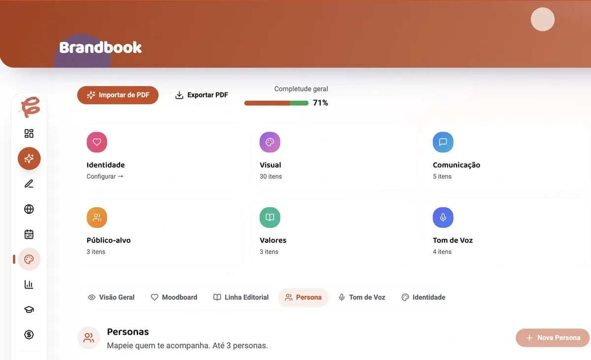 Brandbook do CRIA com identidade, tom de voz, personas e pilares