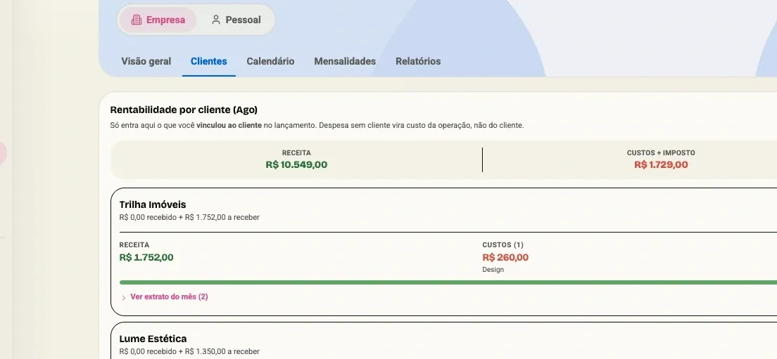 Cria Caixa mostrando previsão do mês, quanto já entrou, o que falta receber e o lucro