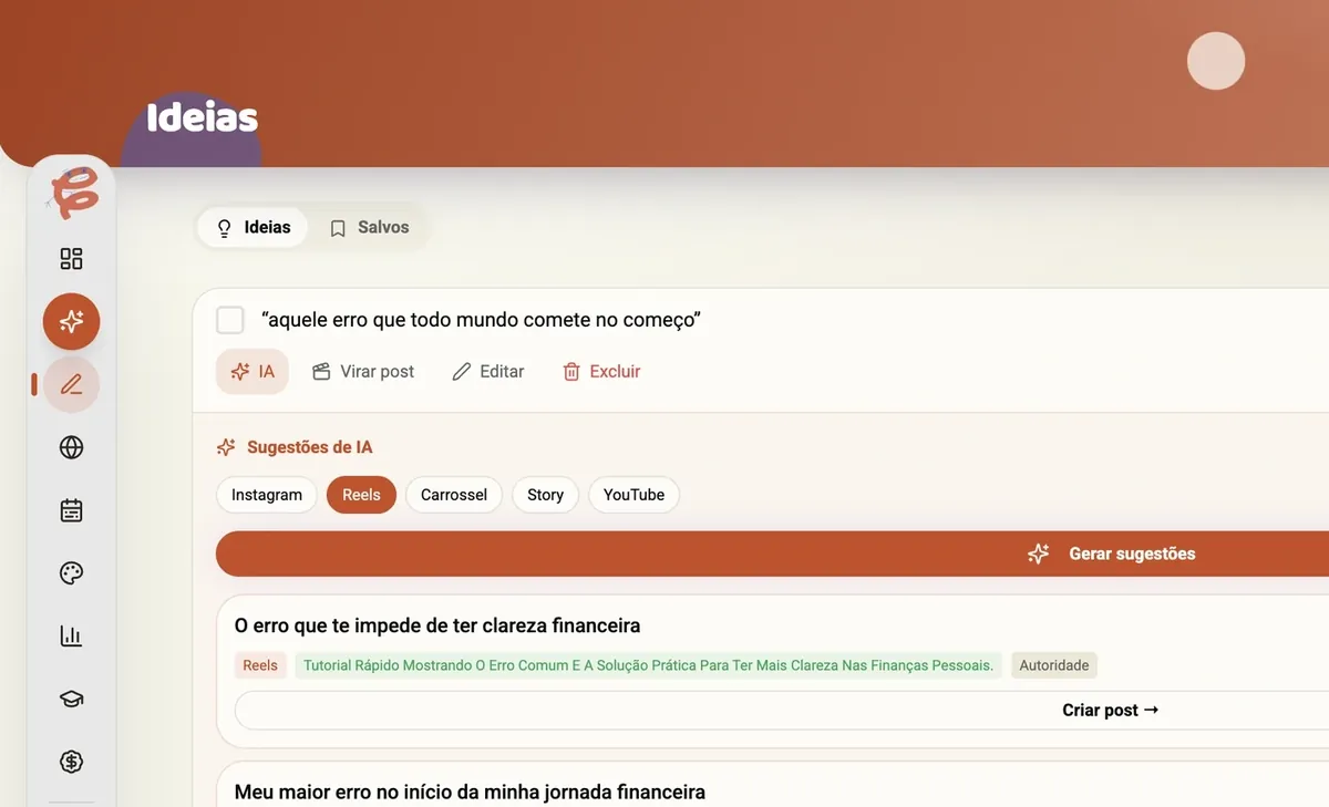 Sugestões de IA transformando a ideia crua em posts de reels, carrossel e story