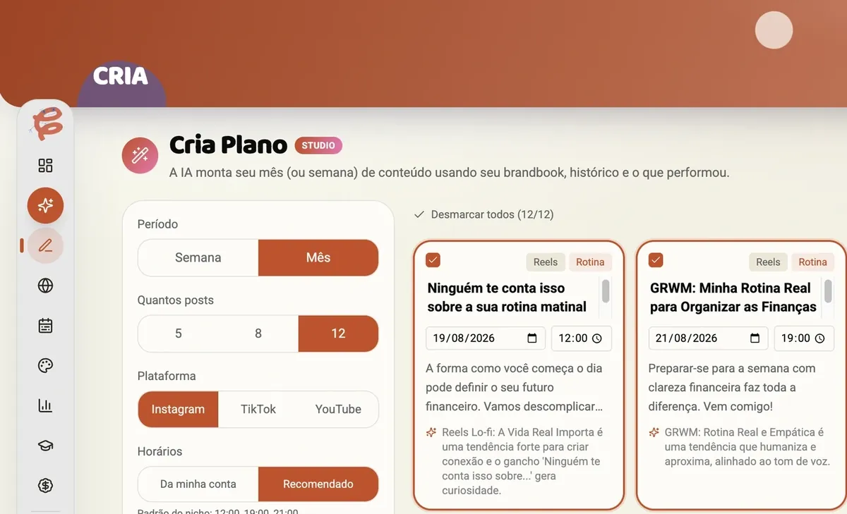 Cria Plano com o mês montado: 12 posts com tema, formato, data e horário
