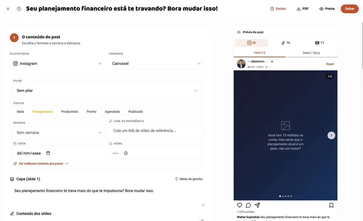 Editor de post do CRIA com a prévia do Instagram ao lado
