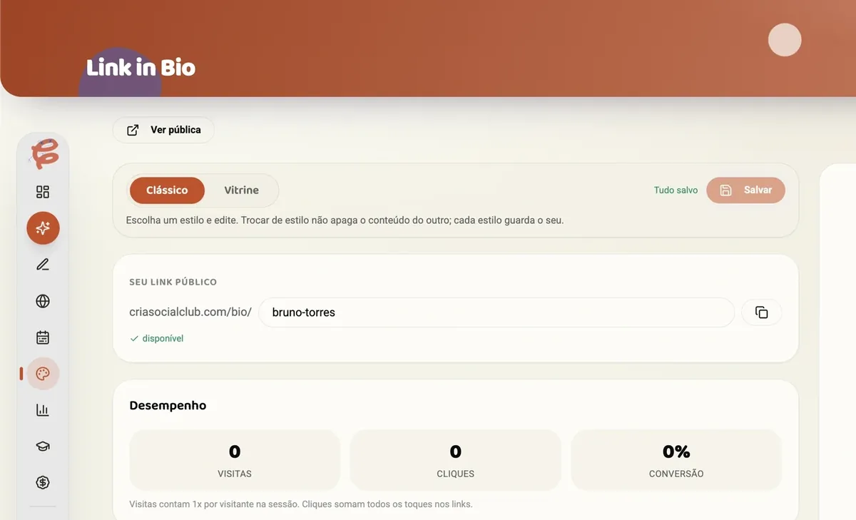 Editor do link na bio com prévia no celular