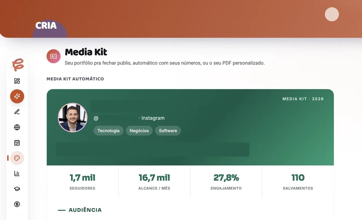 Media Kit automático do CRIA com seguidores, alcance e engajamento