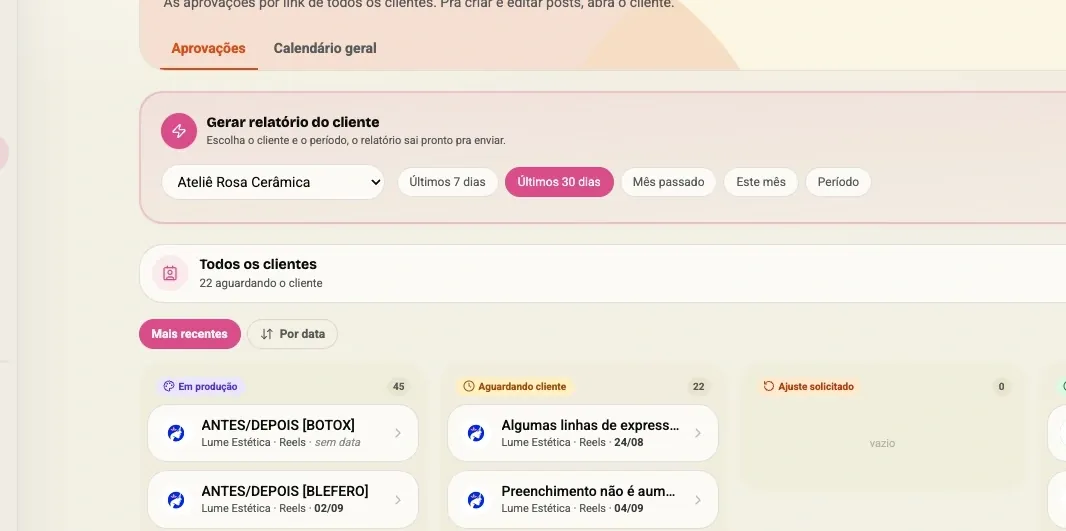 Cria Post: posts de todos os clientes separados por etapa, de em produção até publicado