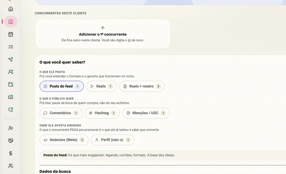 Cria Radar dentro da ficha do cliente, com concorrentes acompanhados e ideias sugeridas