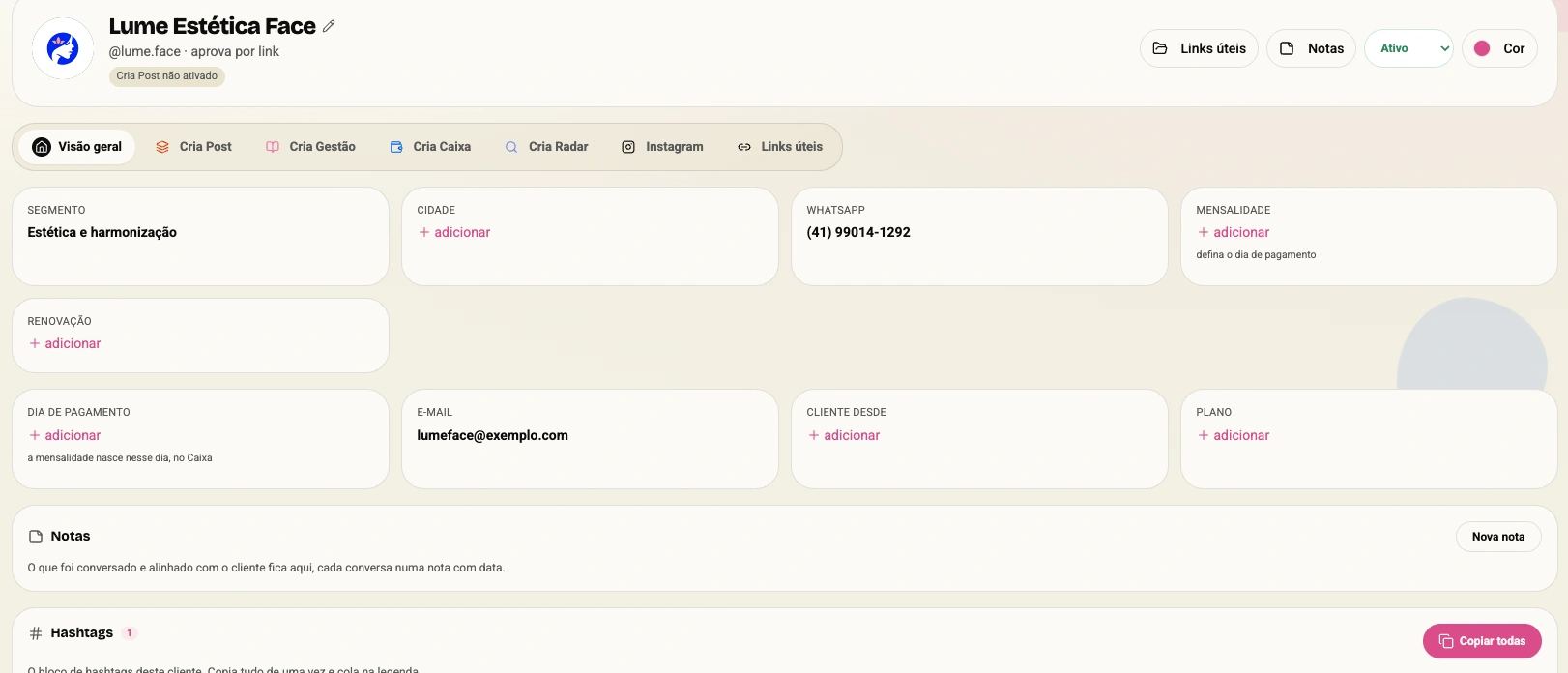 Ficha do cliente com contato, mensalidade, notas e hashtags