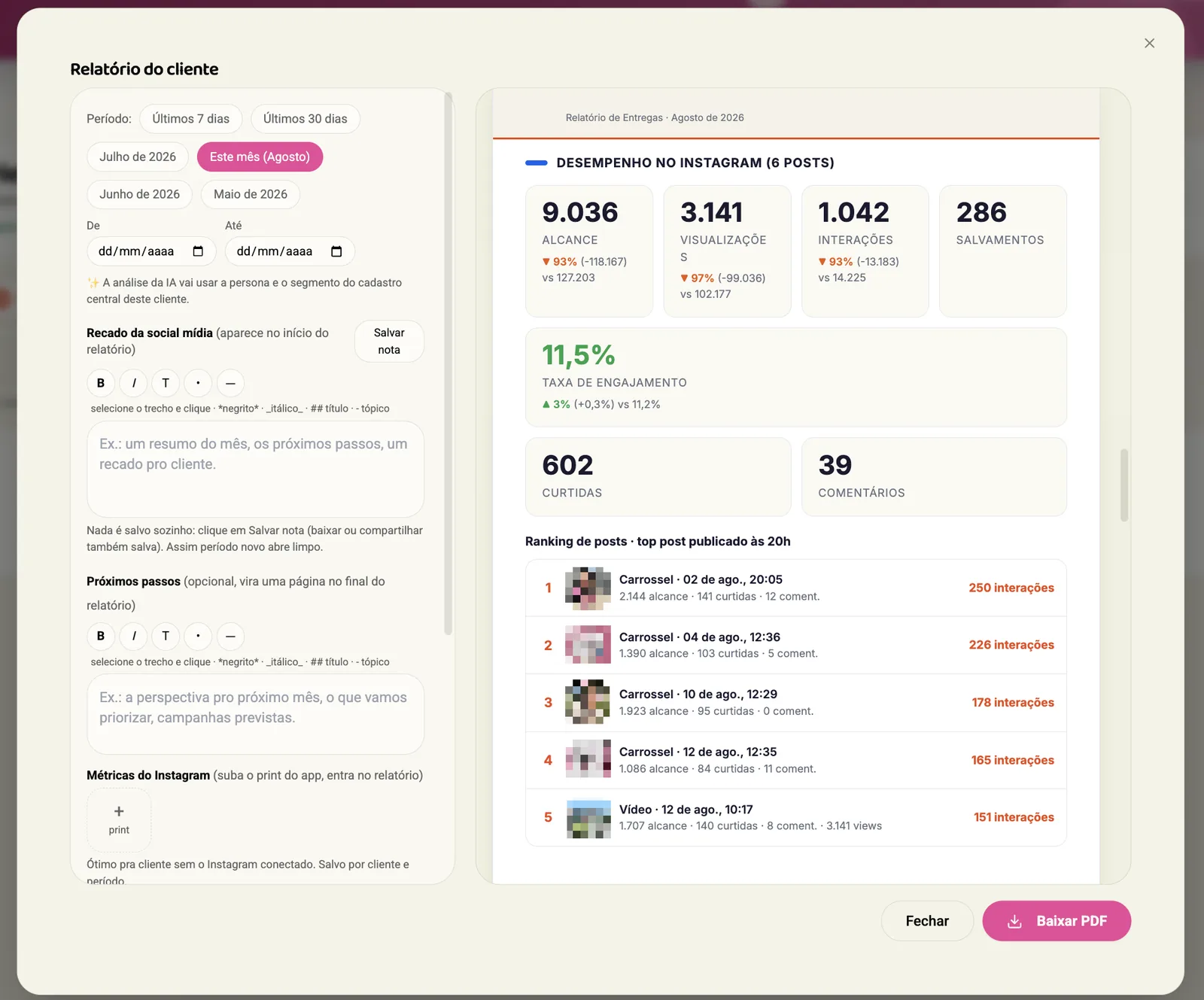 Relatório white-label sendo montado com a marca do cliente